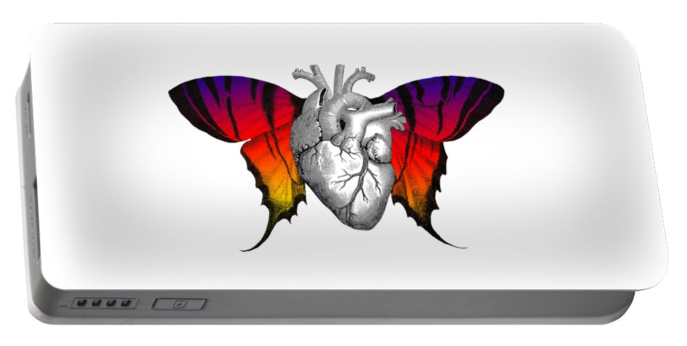 Heart Portable Battery Charger featuring the digital art Flying heart with butterfly wings by Madame Memento