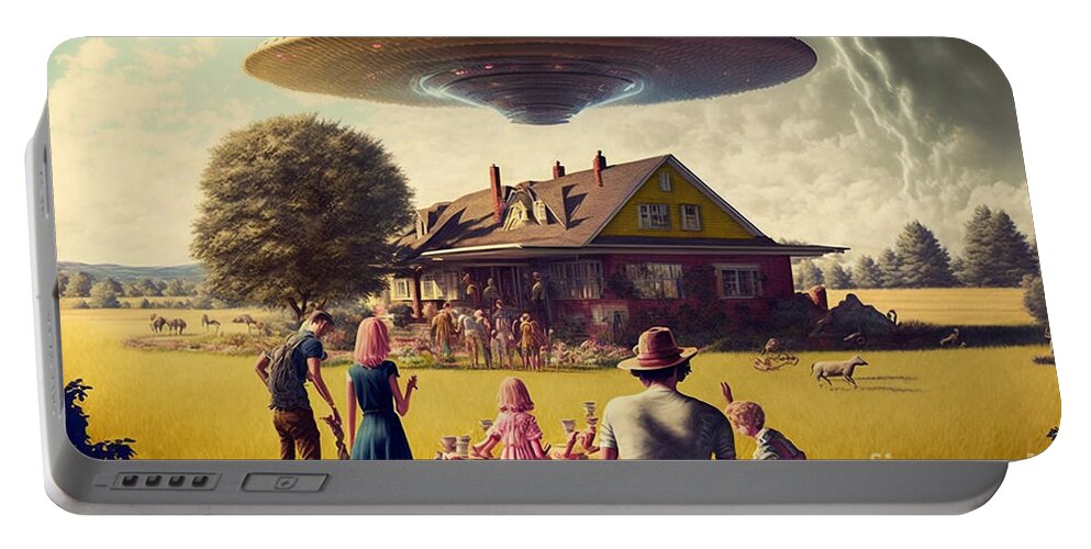 Flying Portable Battery Charger featuring the mixed media Flying Saucer Frenzy VII by Jay Schankman