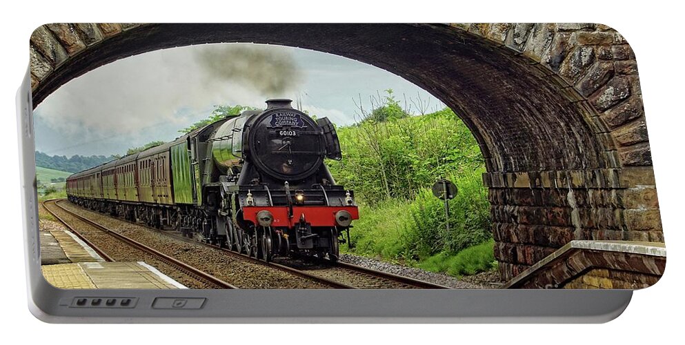 Steam Train Portable Battery Charger featuring the photograph Flying Scotsman in full flight. by David Birchall