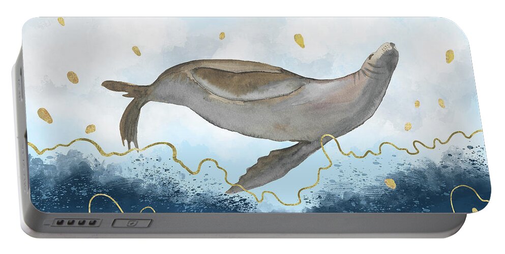 Watercolor Portable Battery Charger featuring the digital art Flying Seal - Rising Waters Surreal Climate Change by Andreea Dumez
