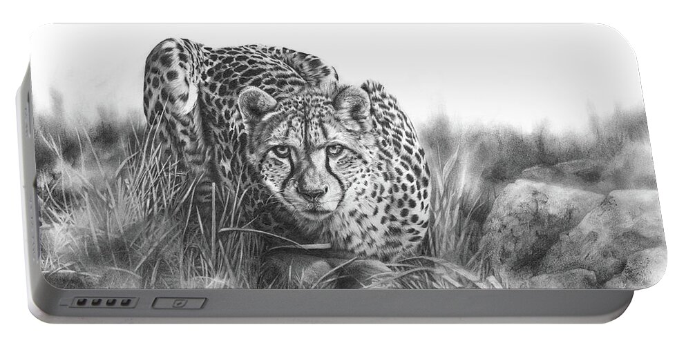 Cheetah Portable Battery Charger featuring the drawing Focused cheetah pencil drawing by Peter Williams