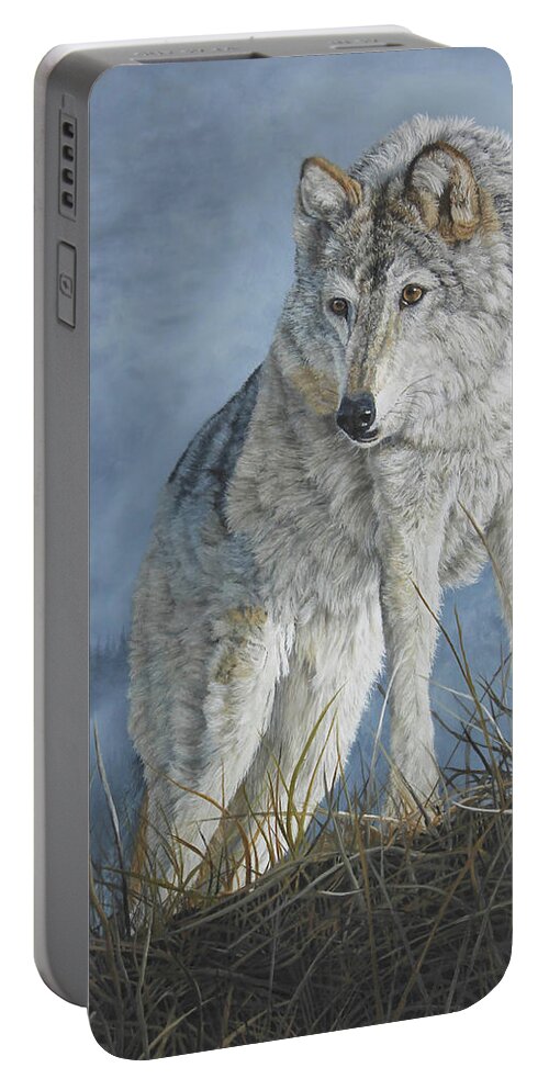 Wolf Portable Battery Charger featuring the painting Focused by Johanna Lerwick