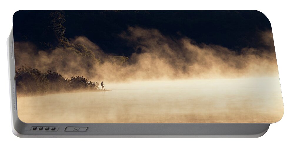  W. West Boylston Ma Mass Massachusetts New England Newengland Usa U.s.a. Outside Outdoors Sunrise Sun Rise Fishing Fisher Fisherman Fog Mist Smoke Water Foggy Smokey Golden Hour Portable Battery Charger featuring the photograph Fog Fishing by Brian Hale