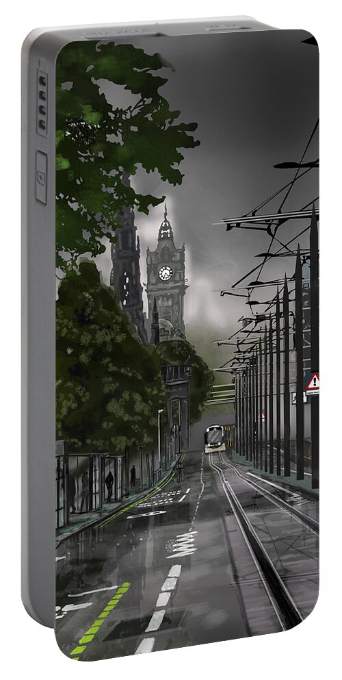 Scottish Landscape Portable Battery Charger featuring the digital art Foggy Even in Edinburgh by Rob Hartman