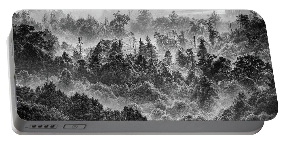 North Carolina Portable Battery Charger featuring the photograph Foggy Treetops bw by Dan Carmichael