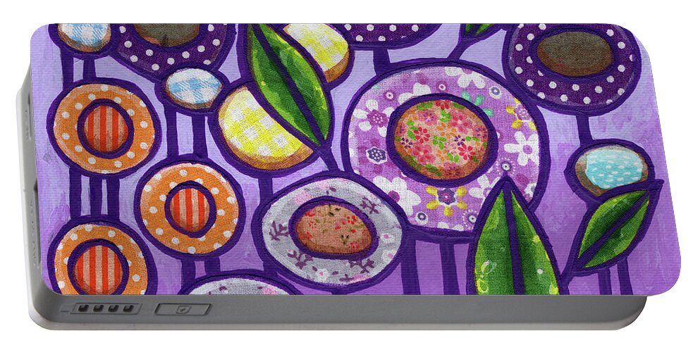 Abstract Portable Battery Charger featuring the painting Folk Art Garden Flowers 8 by Amy E Fraser