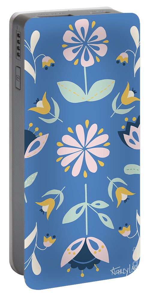 Folk Flowers Portable Battery Charger featuring the painting Folk Flower Pattern in Blue by Ashley Lane