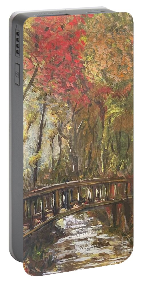 Miroslaw Chelchowski Acrylic Painting On Canvas Print Forest Tree Light Water Flowing Stream Brook Forest Wood Bridge Fog Fall Autumn Autumn Mood Red Yellow Landscape Green Leaves Stones Portable Battery Charger featuring the painting Forest by Miroslaw Chelchowski
