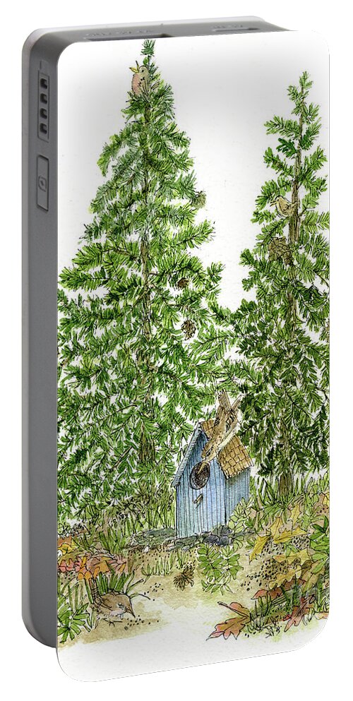 Pine Trees Portable Battery Charger featuring the painting Forest Pines Birdhouse Woodland Watercolor by Laurie Rohner
