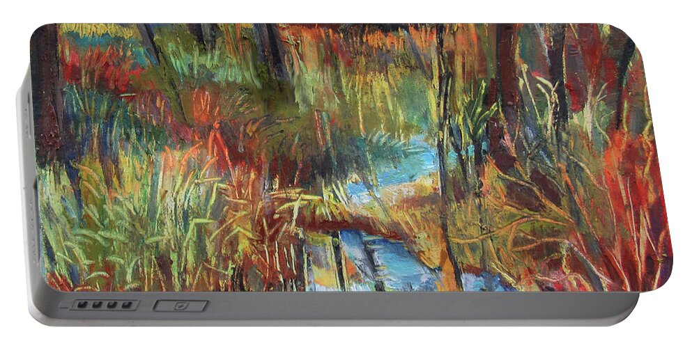 Cold Wax Painting Portable Battery Charger featuring the painting Forest Stream Reflections by Jean Batzell Fitzgerald