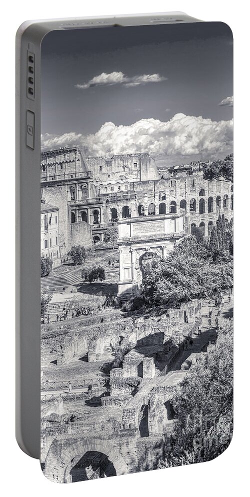 Italian Scene Portable Battery Charger featuring the photograph Forum Romanum with The Colosseum in the background BW by Stefano Senise