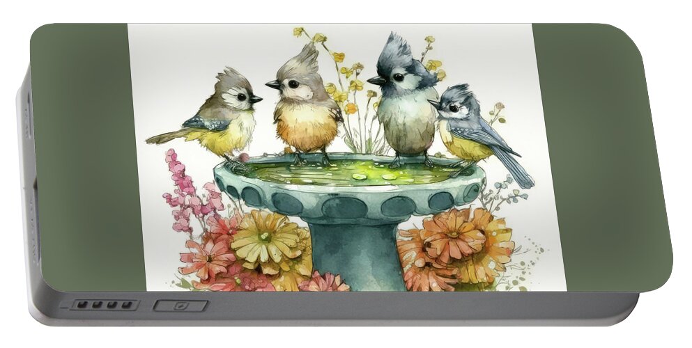 Bird Portable Battery Charger featuring the painting Four Little Friends by Tina LeCour