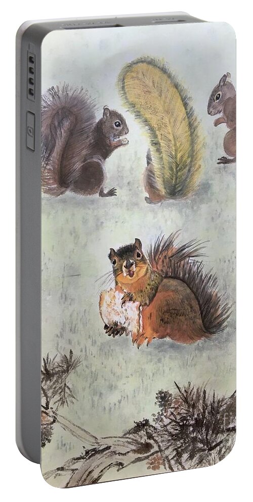 Squirrel Portable Battery Charger featuring the painting Four Squirrels In The Neighborhood - 2 by Carmen Lam