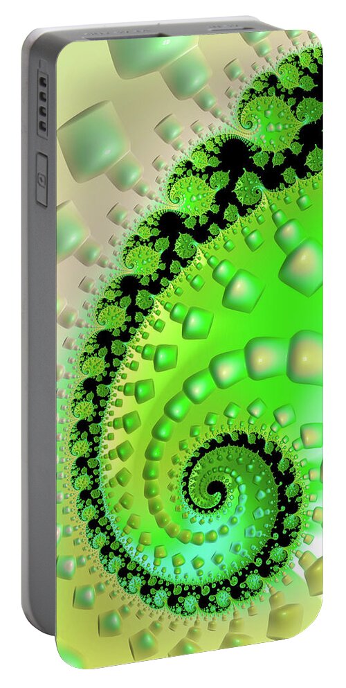 Fractal Portable Battery Charger featuring the digital art Fractal Art Spiral Green Yellow Black by Matthias Hauser
