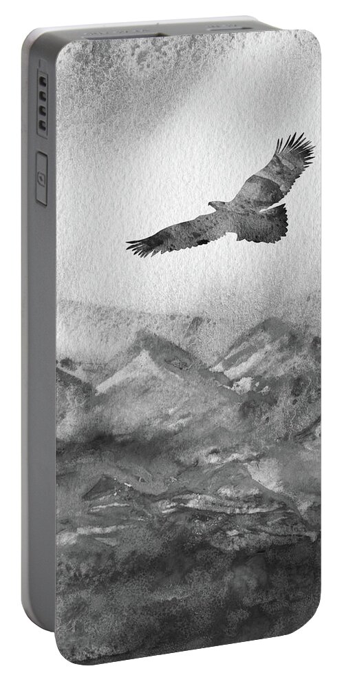 Eagle Hawk Bird Portable Battery Charger featuring the painting Free Flight Watercolor Silhouette Eagle Black White Gray by Irina Sztukowski