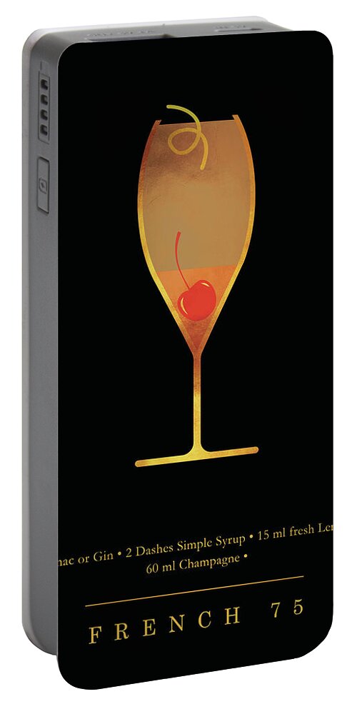 French 75 Portable Battery Charger featuring the digital art French 75 Cocktail - Classic Cocktail Print - Black and Gold - Modern, Minimal Lounge Art by Studio Grafiikka