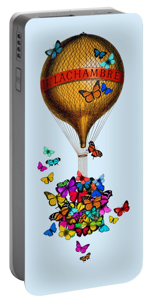 French Portable Battery Charger featuring the digital art French hot air balloon with rainbow butterflies basket by Madame Memento