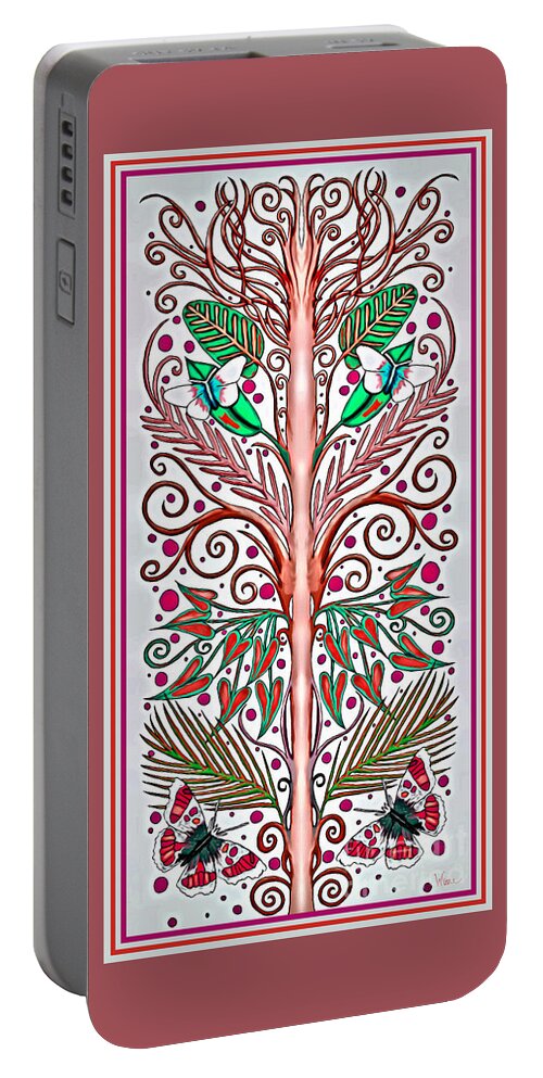 Tree Portable Battery Charger featuring the mixed media French-style Tree with Red and Green Leaves with Butterflies by Lise Winne