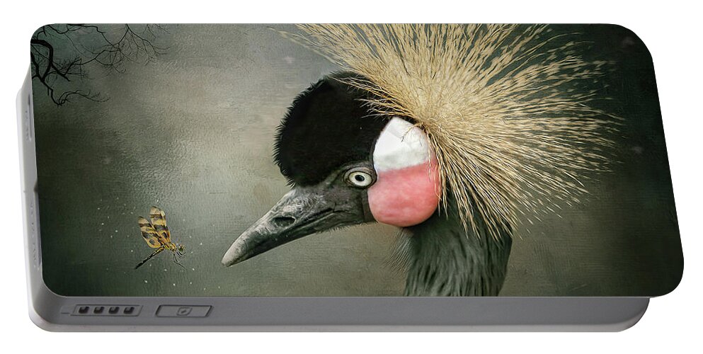 Grey Crowned Crane Portable Battery Charger featuring the digital art Friends at first sight by Maggy Pease