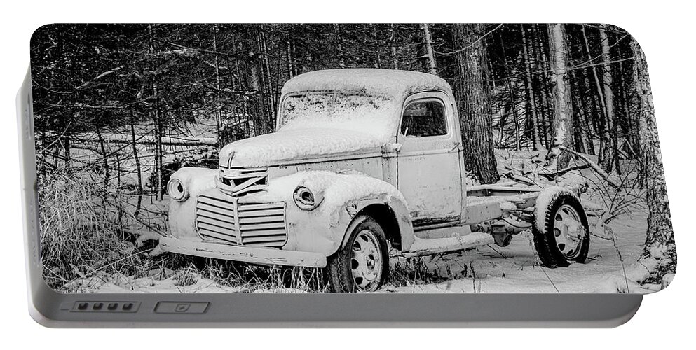 #fine Art Photograph #black And White Photograph #abandoned #wisconsin #old #antique #woods #forest #trees #shadows #history #old Parts #ford Truck #ford Automobile #walk In The Woods #afternoon Walk #afternoon Light #highlights #wall Decor #wall Art Portable Battery Charger featuring the photograph Frosted truck by David Heilman