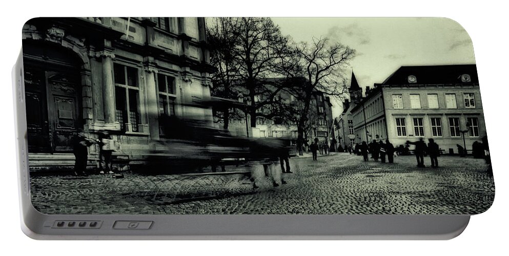 #bruges #belgium #horse #coach #galagan #edwardgalagan #brugge #longexposure #evening #town #city #street #instagram Portable Battery Charger featuring the digital art Frowning Evening in the Old Town by Edward Galagan