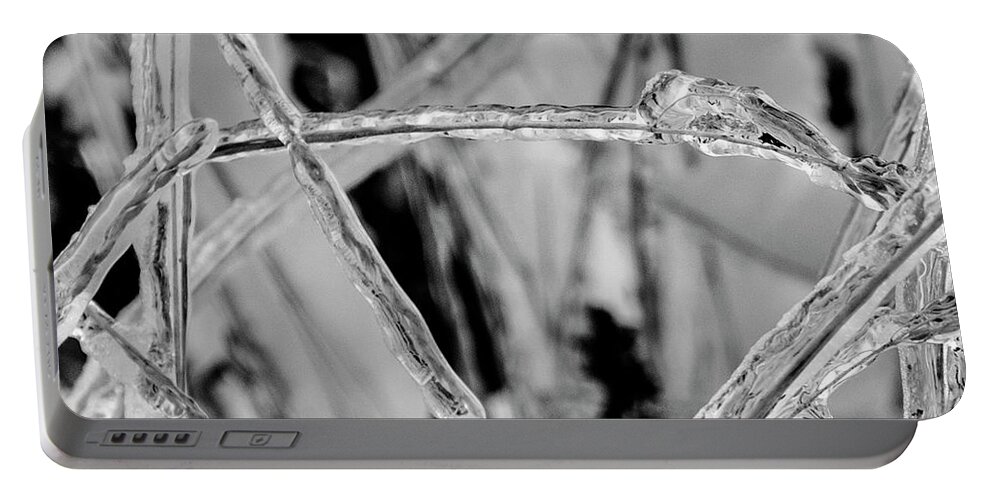 Textured Portable Battery Charger featuring the photograph Frozen Grass Black and White by Pelo Blanco Photo