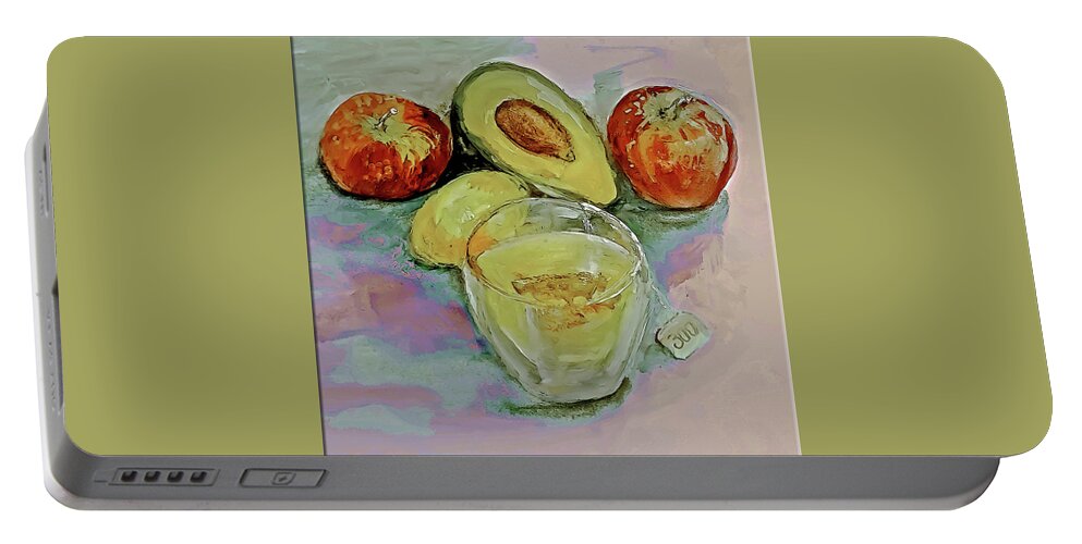 Fruit Portable Battery Charger featuring the mixed media Fruit And Tea Snack Watercolor by Lisa Kaiser