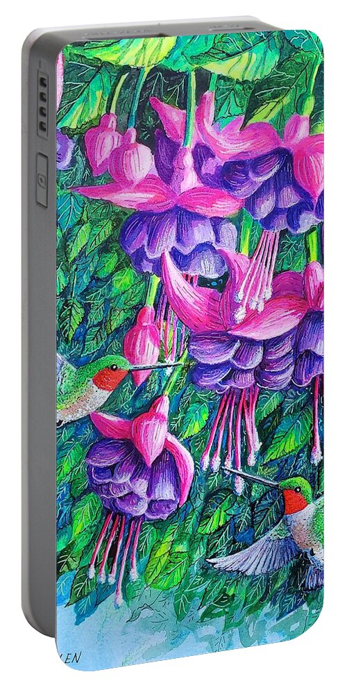 Fuchsia. Hummingbirds Portable Battery Charger featuring the painting Fuchsia Frolic by Diane Phalen
