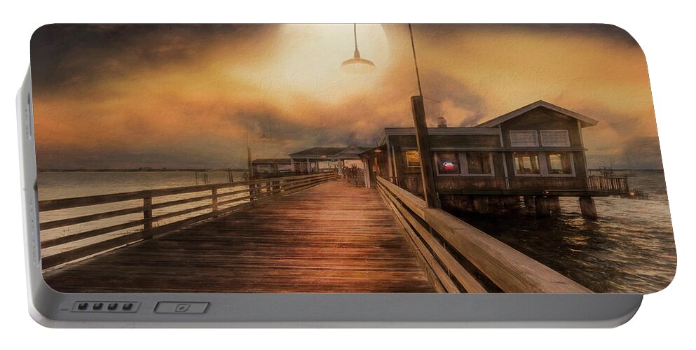 Clouds Portable Battery Charger featuring the photograph Full Moon over the Docks on Jekyll Island Painting by Debra and Dave Vanderlaan