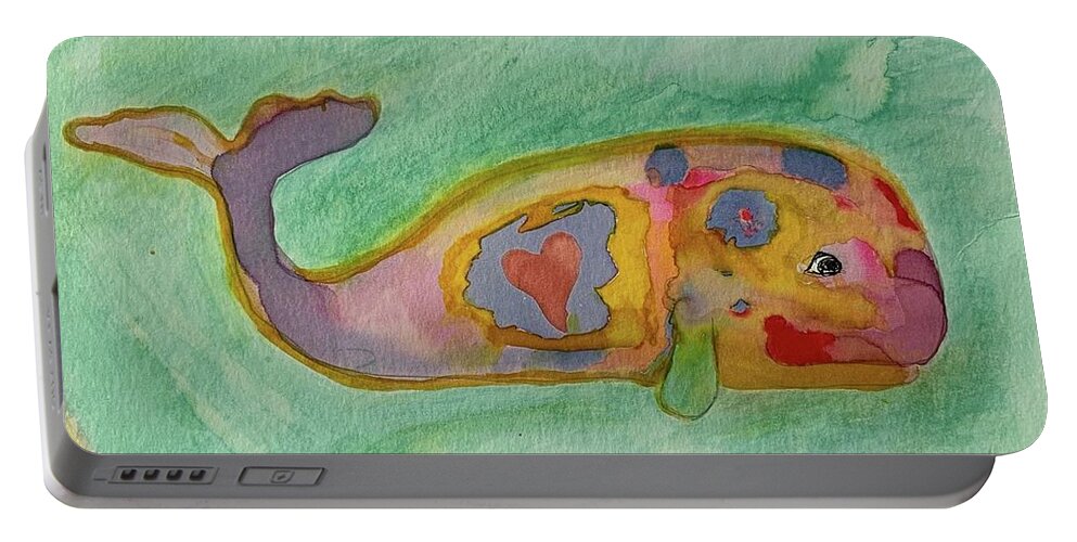 Whales Portable Battery Charger featuring the painting Funky Happy Heart Whale by Sandy Rakowitz