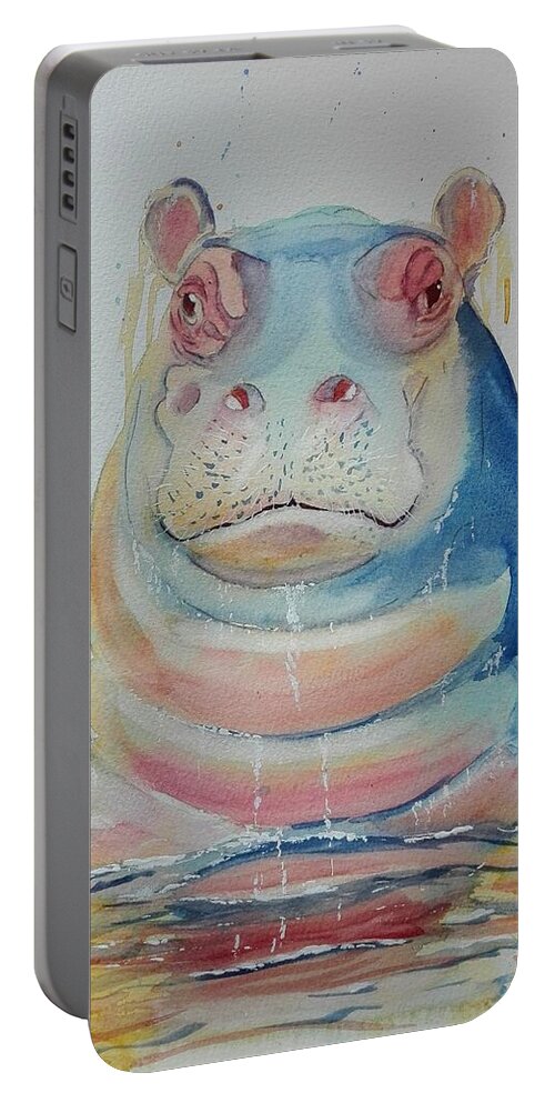 Hippo Portable Battery Charger featuring the painting Funky Hippo by Sandie Croft