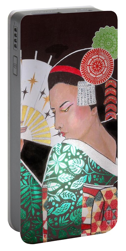 Geisha Portable Battery Charger featuring the mixed media Fuyuko by Jayne Somogy