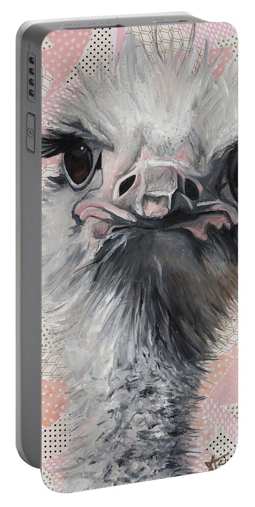Ostrich Portable Battery Charger featuring the painting Fuzzy and Fierce by Ashley Lane