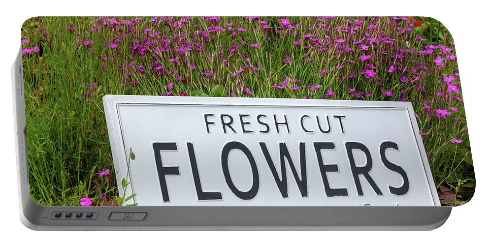 Flowers Portable Battery Charger featuring the photograph Garden flowers with fresh cut flower sign 0738 by Simon Bratt