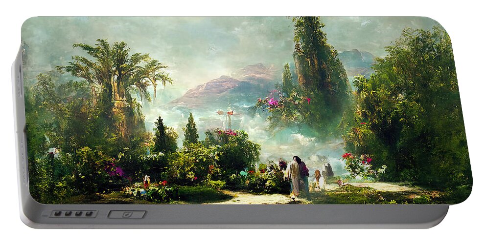 Landscape Portable Battery Charger featuring the painting Garden of Eden, 03 by AM FineArtPrints