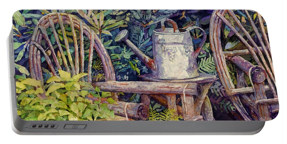 Garden Portable Battery Charger featuring the painting Garden Retreat - Wooden Chairs by Hailey E Herrera