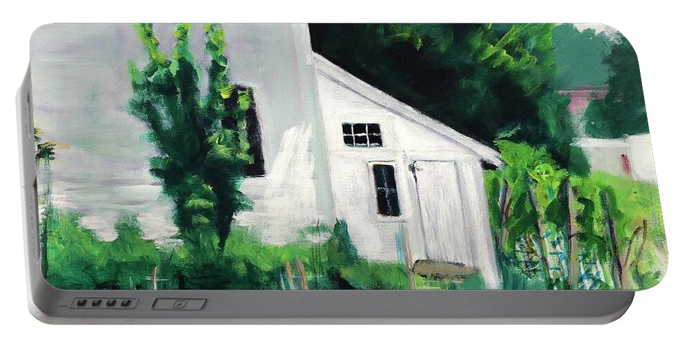 Home Town Portable Battery Charger featuring the painting Garden Shed by Cyndie Katz