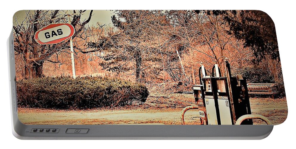 Gas Station Pumps Trees Metal Portable Battery Charger featuring the photograph Gas Station by John Linnemeyer