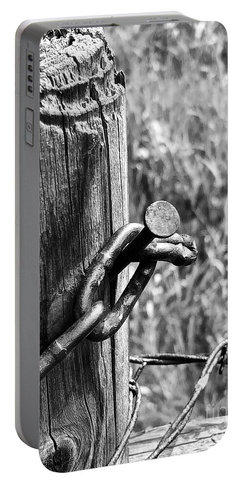 Black & White Portable Battery Charger featuring the photograph Gate Hook by Ann E Robson
