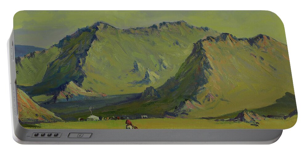 Summer Sky Portable Battery Charger featuring the painting Gate of Ongon mountain by Badamjunai Tumendemberel