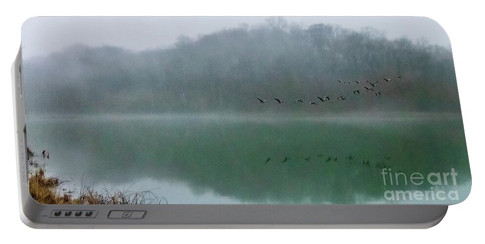 Landscape Portable Battery Charger featuring the photograph Geese In Flight, Griffy Lake by Theresa D Williams