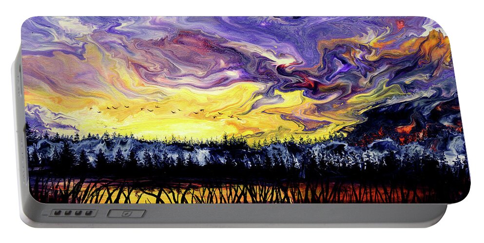 Geese Portable Battery Charger featuring the painting Geese Over a Wetlands Pond at Sunset by Laura Iverson