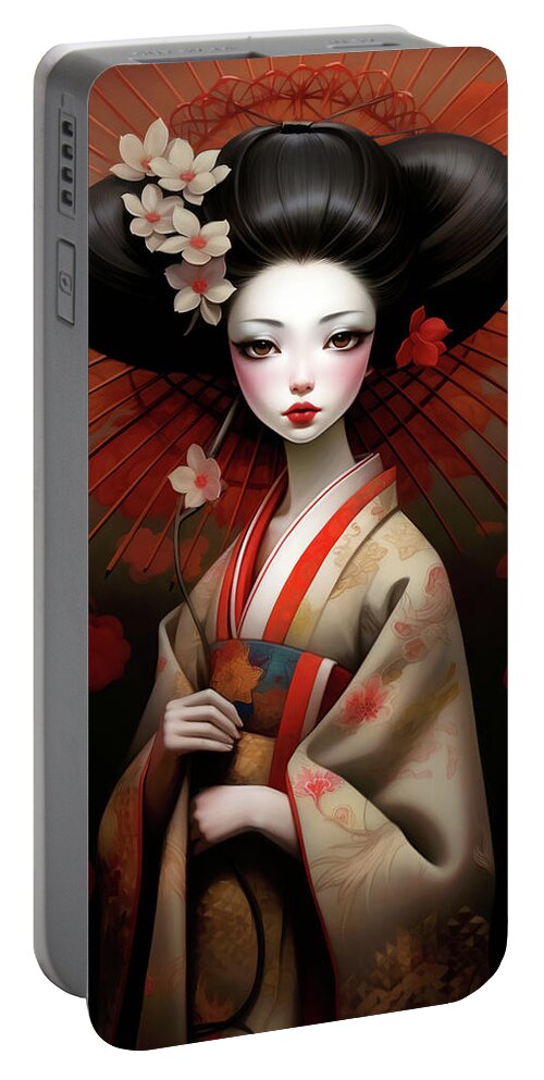 Geisha Portable Battery Charger featuring the digital art Geisha Doll by Jacky Gerritsen