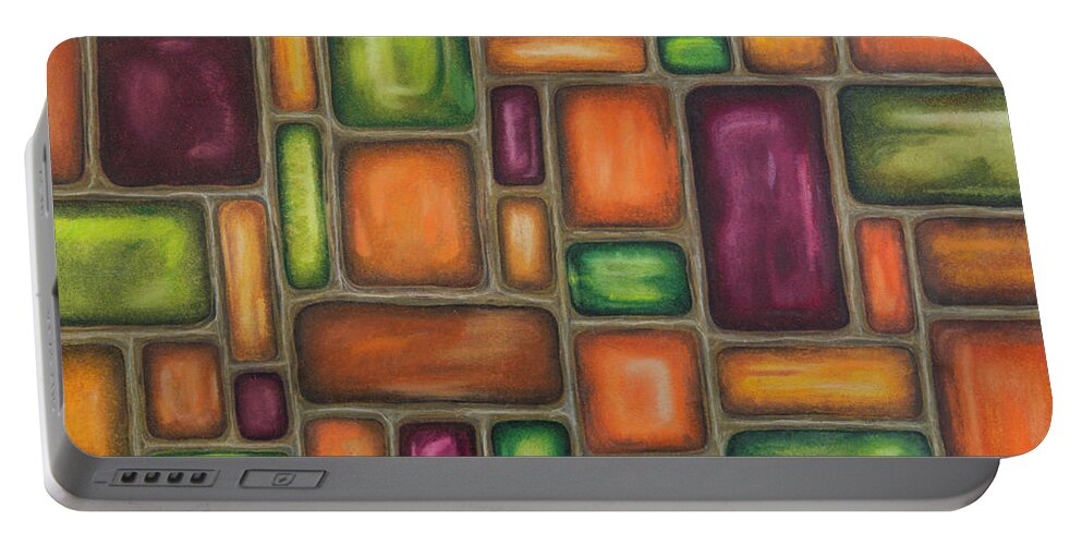 Orange Green Purple Gems Tile Gray Scottbrennan Color Pencil Portable Battery Charger featuring the drawing Gem Way by Scott Brennan
