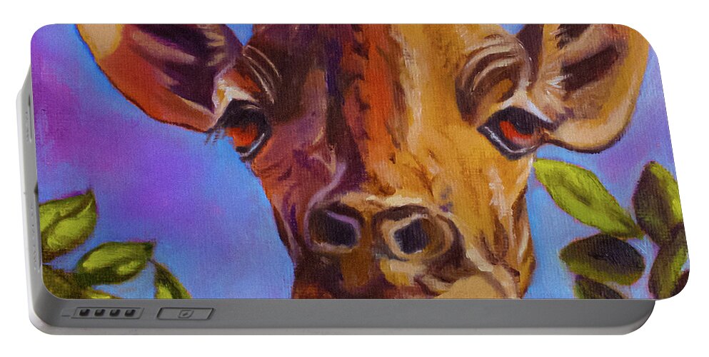 Giraffe Portable Battery Charger featuring the painting Geoffery, the giraffe by Tracy Hutchinson