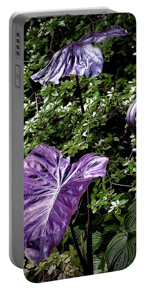 Nature Portable Battery Charger featuring the photograph Giant Elephant Ear Leaf and Iron Railing by Alida M Haslett