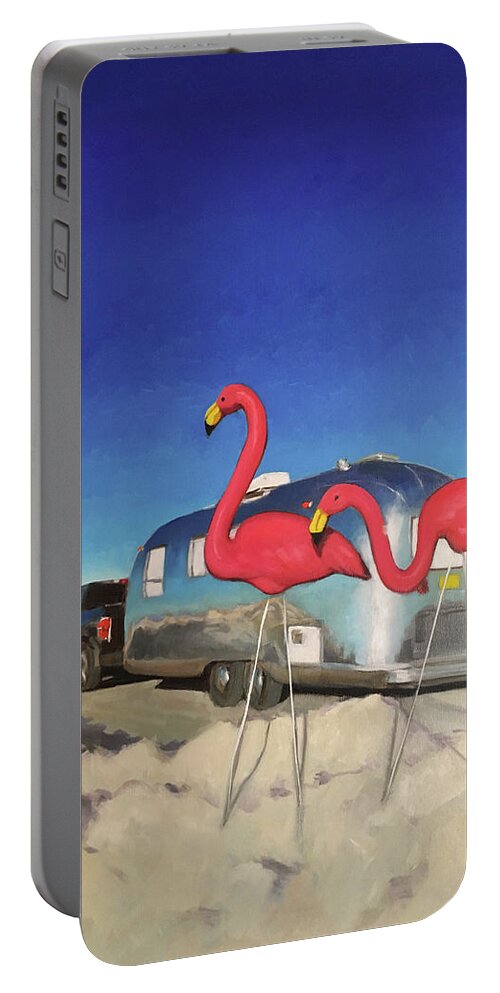 Airstream Portable Battery Charger featuring the painting Giant Flamingos at White Sands by Elizabeth Jose
