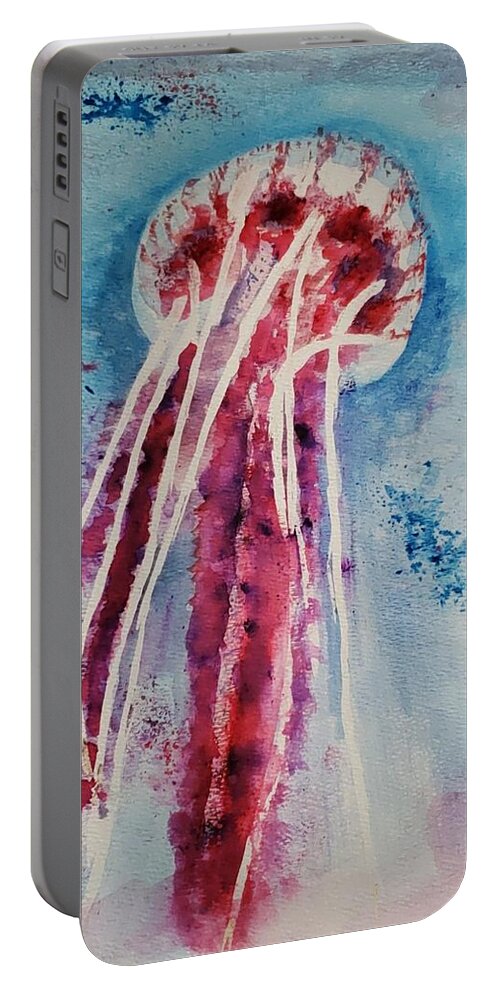 Abstract Aquatic Portable Battery Charger featuring the painting Giant Jellyfish Floating Along by Stacie Siemsen