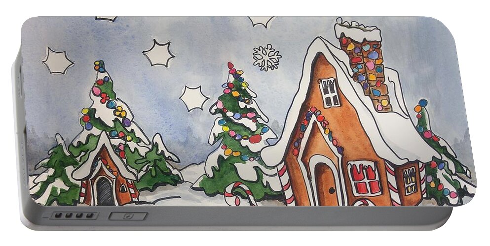 Ginger Bread Portable Battery Charger featuring the painting Gingerbread Christmas Scene by Sonia Mocnik