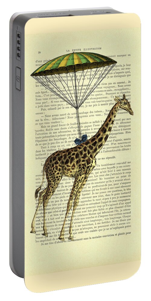 Giraffe Portable Battery Charger featuring the mixed media Giraffe Hanging From Parachute by Madame Memento